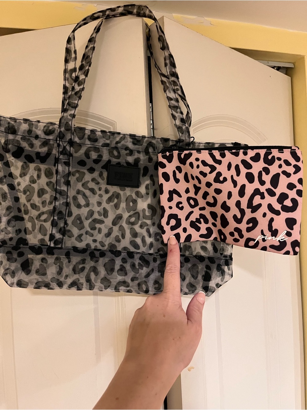 Pink Leopard Print Cosmetic Pouch with Black Mesh Tote